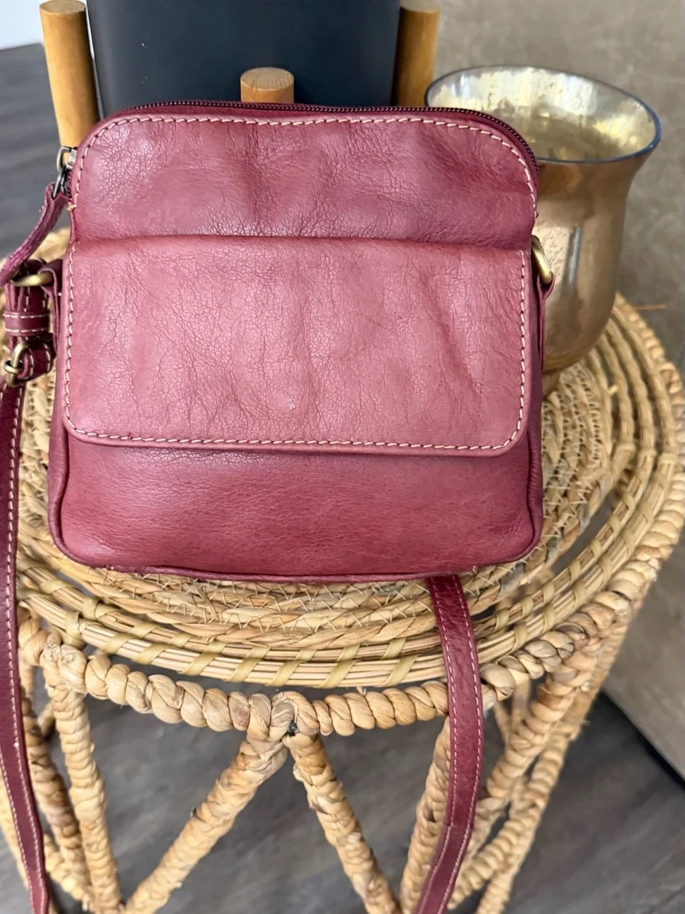 Vintage Burgundy Genuine Leather Crossbody Bag Boho Shoulder Purse Made in India